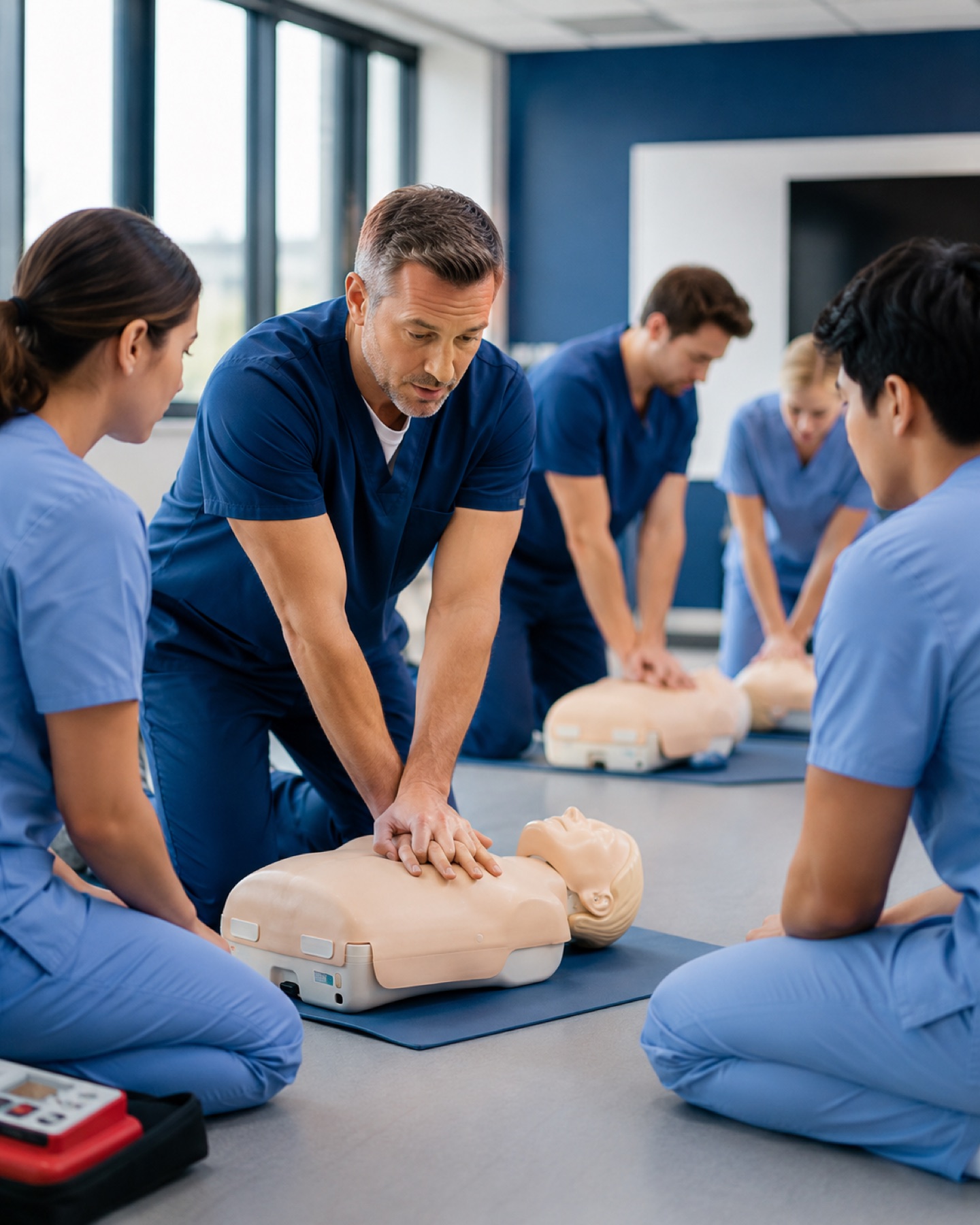Instructor guiding CPR students in a training room